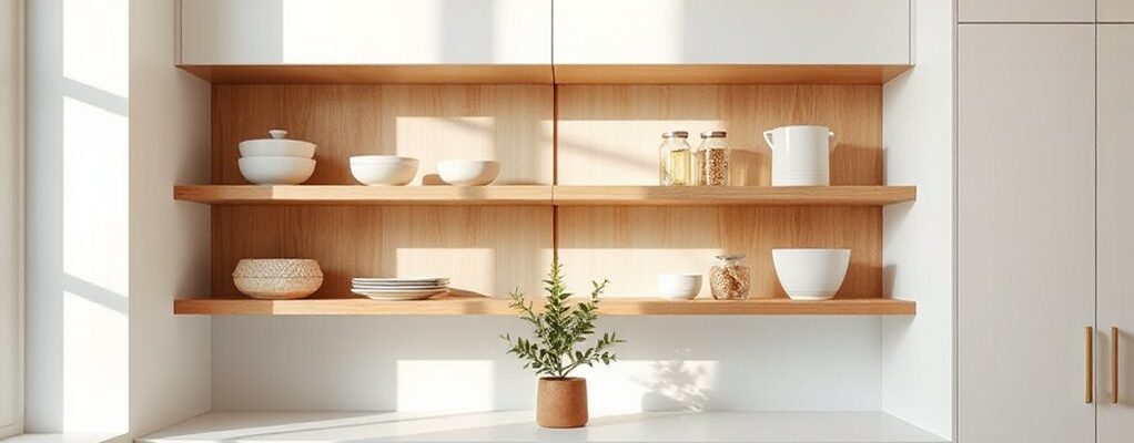 organized kitchen open shelving